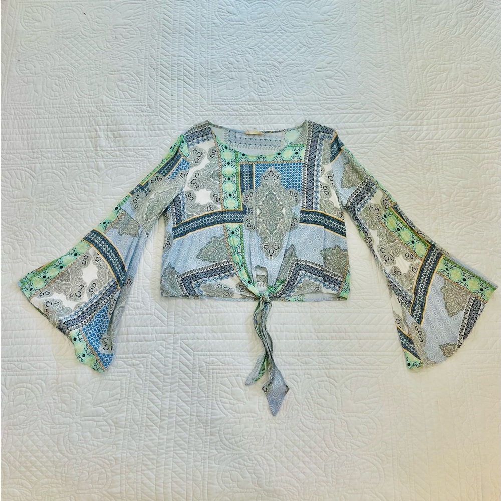 Altar'd State Green & Blue Paisley Tie-Front Crop Top